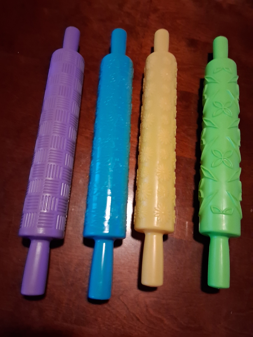 Set Of 4 Embossed Pattern Rolling Pins - Purple, Blue, Yellow, Green